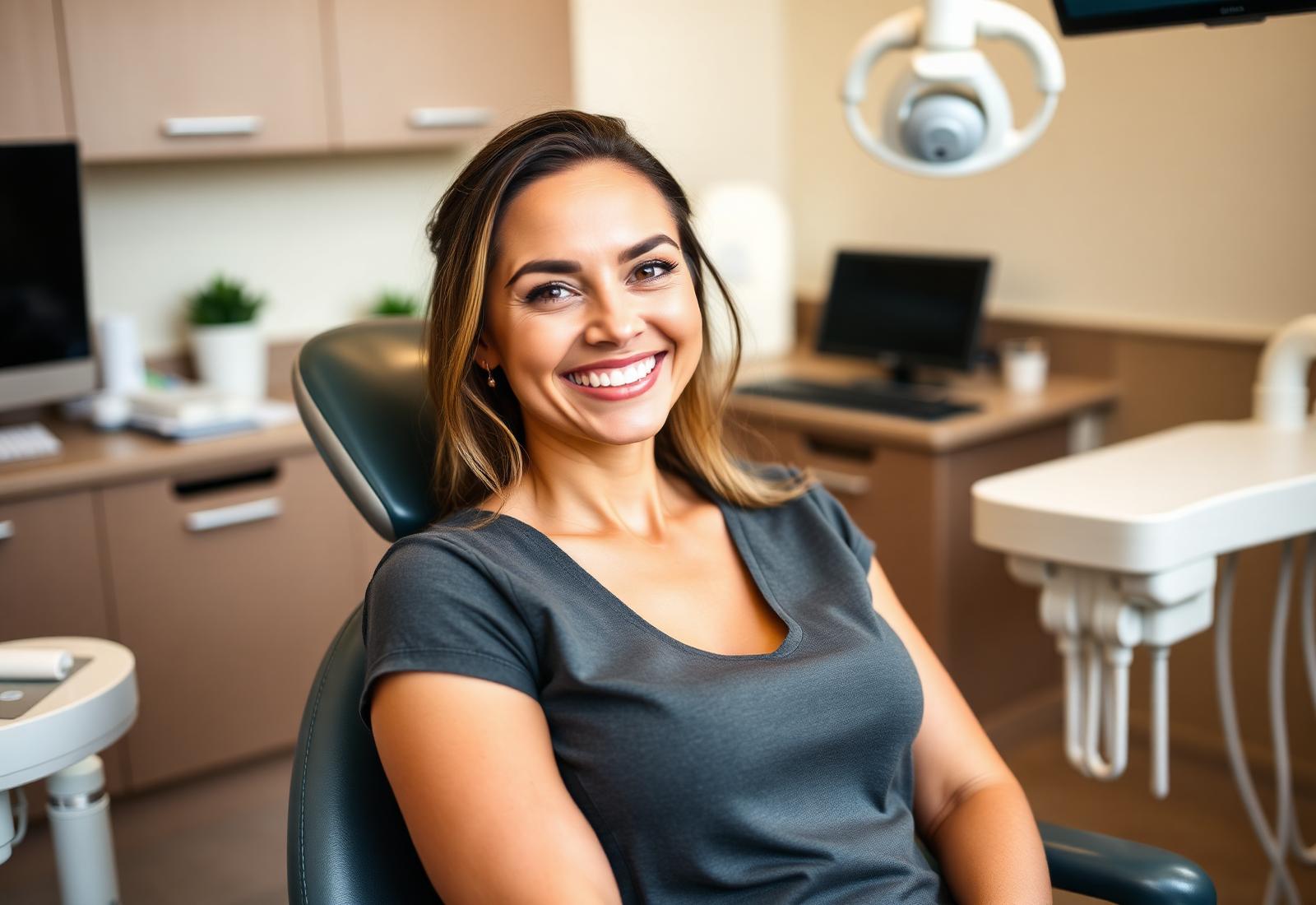 Paciente sorrindo em consultório odontológico moderno da Odontelle